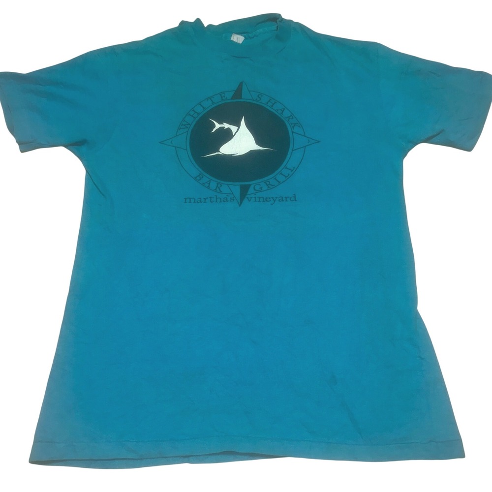 Vintage 90s Hanes Beefy T Shirt Mens M Teal White Shark Bar Marthas Vineyard USA
